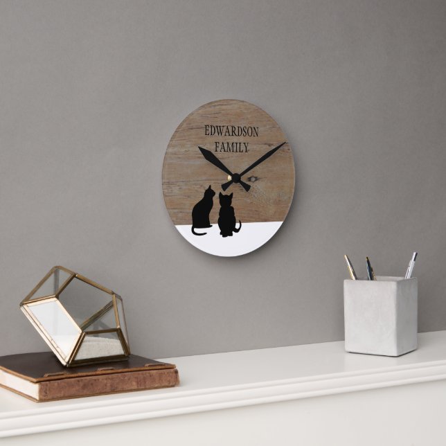 Modern black Cats silhouettes wood family name Round Clock (Office)