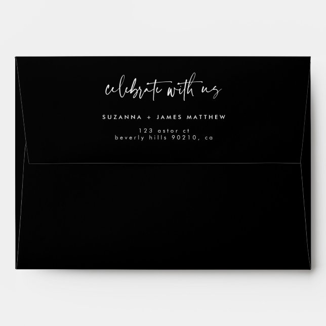 Modern Black Celebrate with us Script Wedding  Envelope (Back (Top Flap))