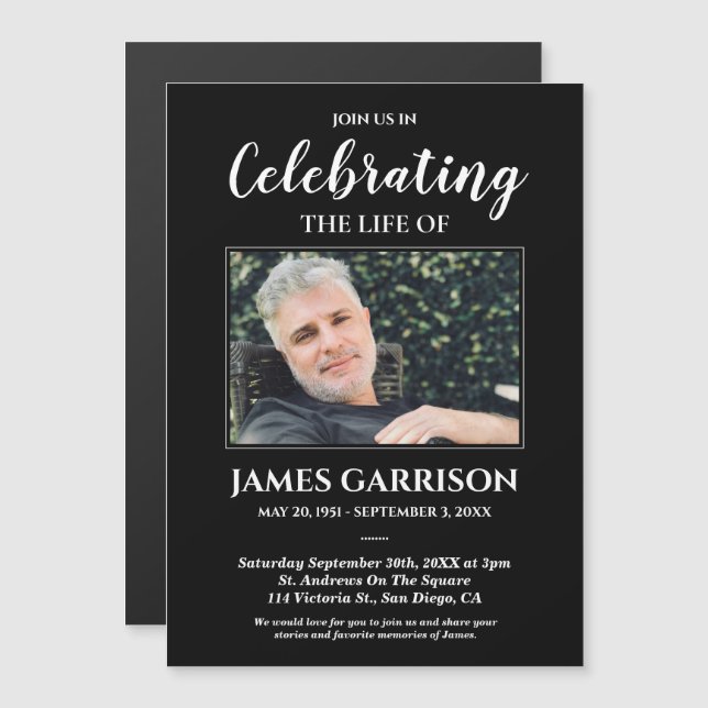Modern Black Celebration Of Life Photo Memorial (Front/Back)