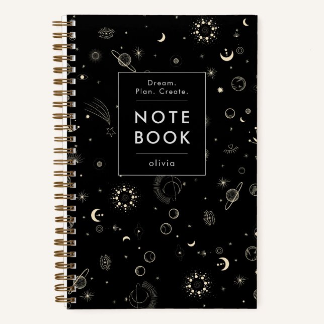 Modern Black Celestial Motivational Notebook (Front)