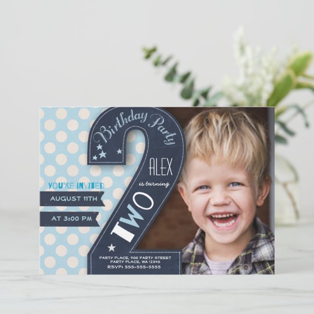 Modern black chalkboard & blue dot second birthday invitation (Standing Front)