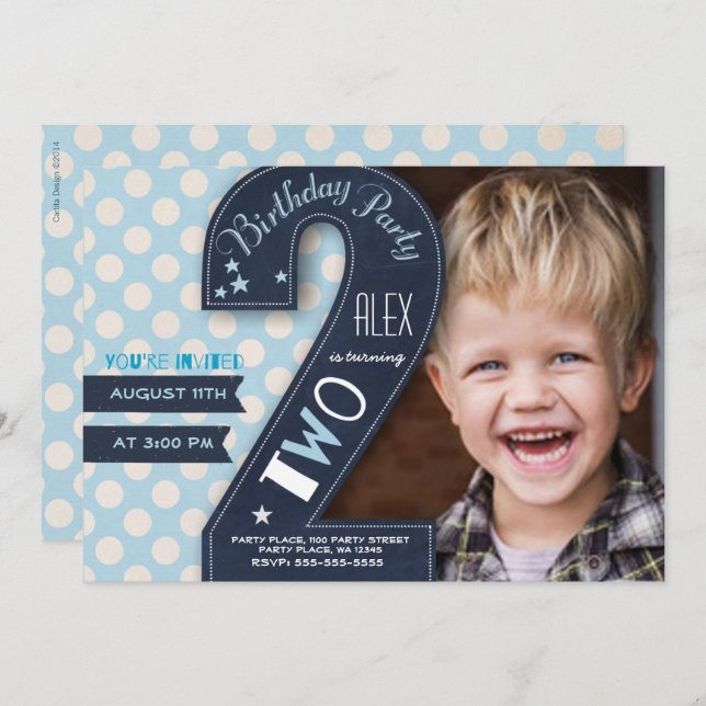 Modern black chalkboard & blue dot second birthday invitation (Front/Back)