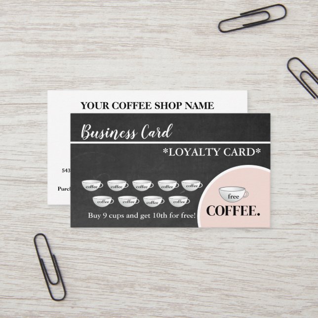 Modern Black Chalkboard Coffee Cups Loyalty Card (Front/Back In Situ)