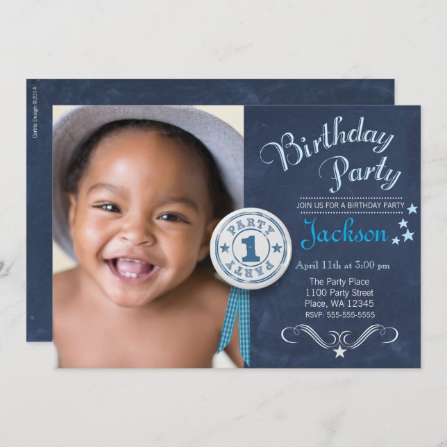 Modern Black Chalkboard First Birthday Party Boy Invitation (Front/Back)