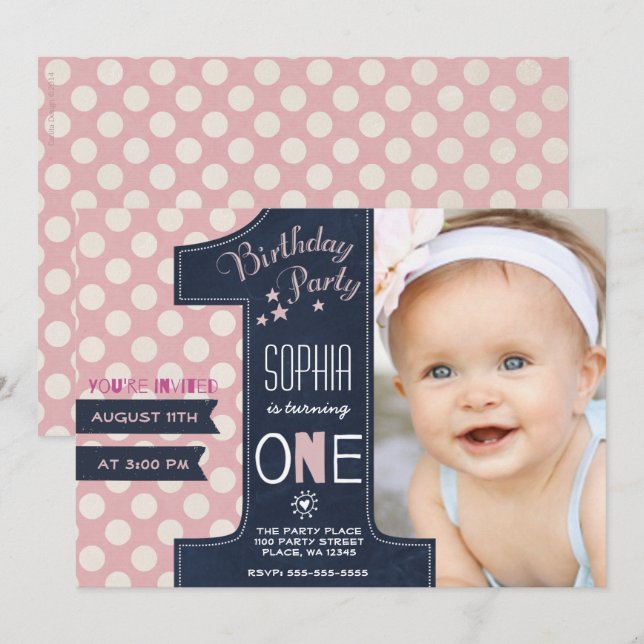 Modern Black Chalkboard Pink Dot First Birthday Invitation (Front/Back)