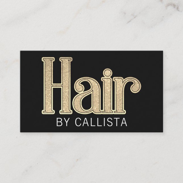 Modern Black Champagne Gold Glitter Hair Business Card (Front)