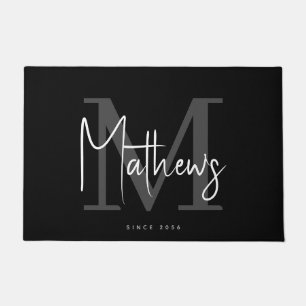 Modern Black Charcoal Gray Monogram Family Name Doormat