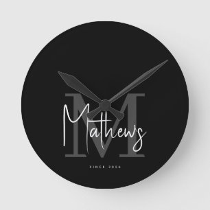 Modern Black Charcoal Grey Monogram Family Name Round Clock