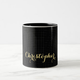 Modern Black Chequered Elegant Faux Gold Name Chic Two-Tone Coffee Mug