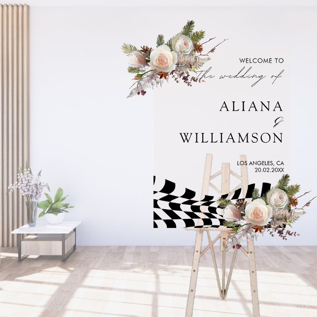 Modern Black chequered pattern Wedding Welcome Acrylic Sign (Creator Uploaded)