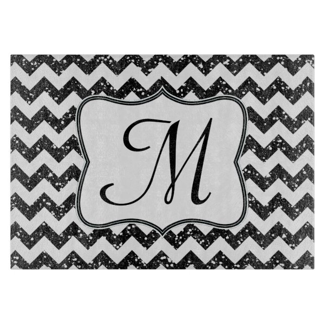 Modern Black Chevron Monogram Glass Cutting Board (Front)