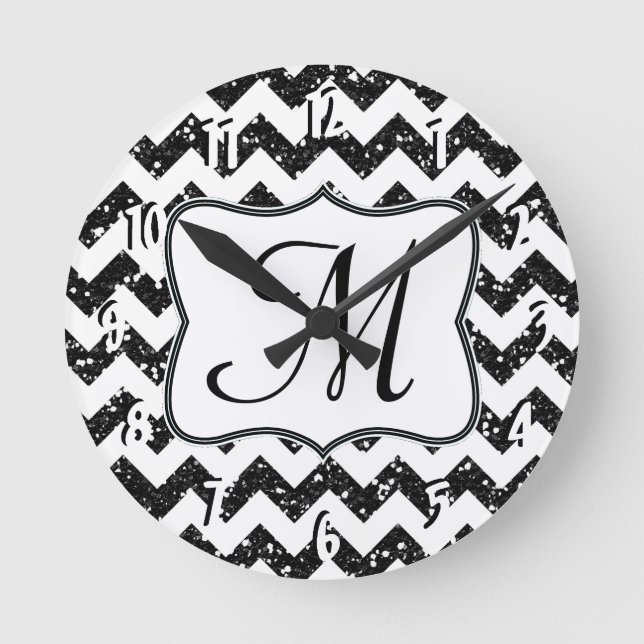 Modern Black Chevron Monogram Initial Wall Clock (Front)