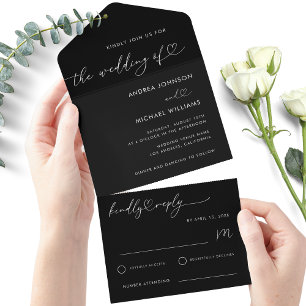Modern Black Chic Heart Script Minimalist Wedding All In One Invitation