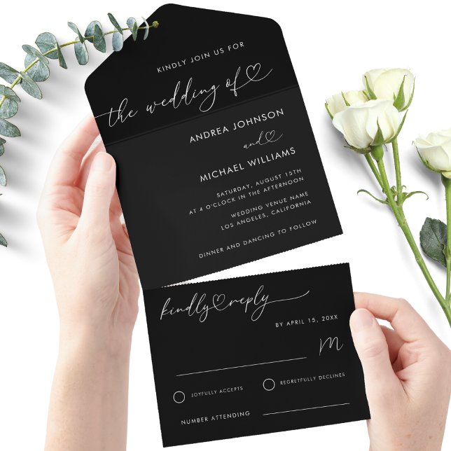 Modern Black Chic Heart Script Minimalist Wedding All In One Invitation (Creator Uploaded)
