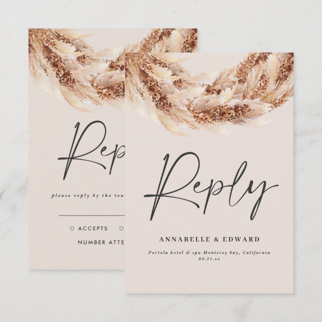 Modern black chic rustic pampas grass wedding RSVP (Front/Back)