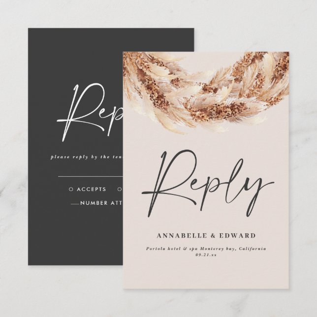 Modern black chic rustic pampas grass wedding RSVP (Front/Back)