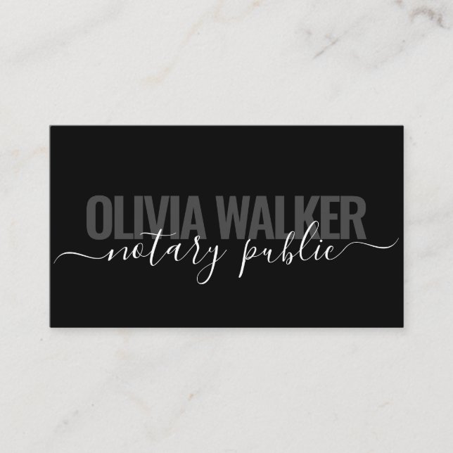 Modern Black Chic Signature Notary Public Agent Business Card (Front)