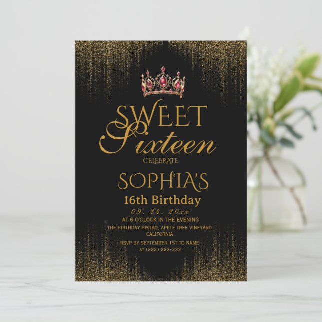Modern Black Chic Sweet 16 Birthday Invitation (Standing Front)