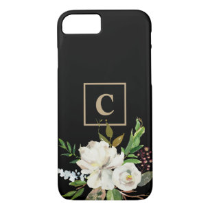 Modern Black Chic Watercolor Floral Monogram iPhone 8/7 Case