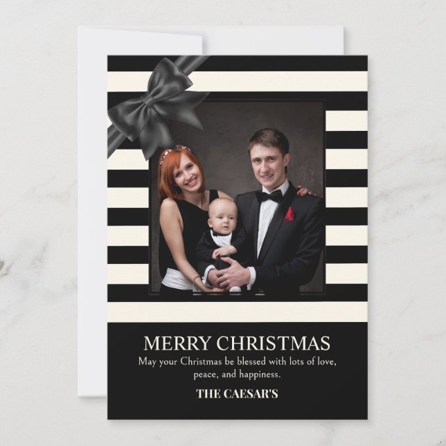 Modern Black Christmas ribbon photo  Holiday Card (Front)