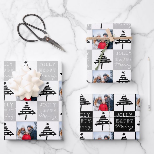Modern Black Christmas Tree Family Photo  Wrapping Paper Sheet (Front)
