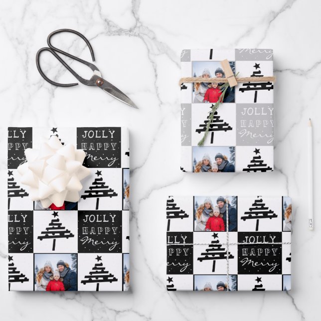 Modern Black Christmas Tree Family Photo  Wrapping Paper Sheet (Front)