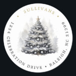 Modern Black Christmas Tree Winter Return Address Classic Round Sticker<br><div class="desc">Modern Black Christmas Tree Winter Return Address</div>