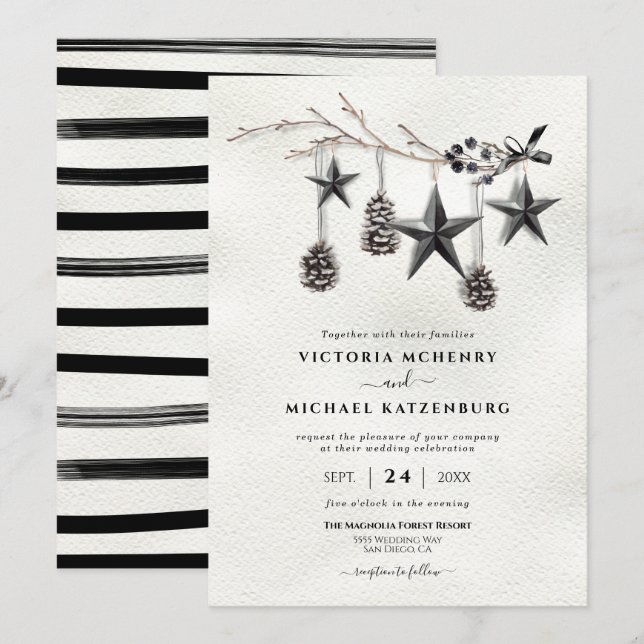 Modern Black Christmas winter wedding branch Invitation (Front/Back)