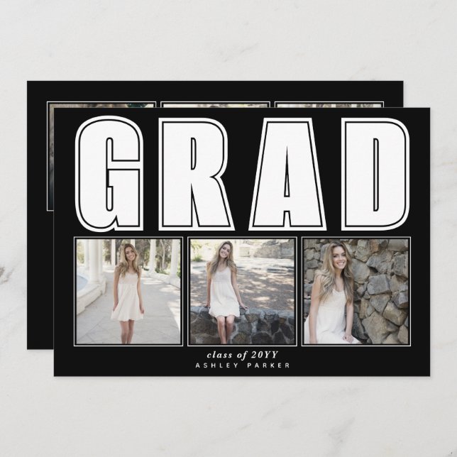 Modern black Class of 2025 GRAD graduation Invitation (Front/Back)