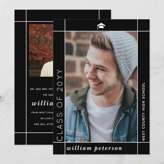 Modern black Class of 2025 graduation photo Announcement (Front/Back)