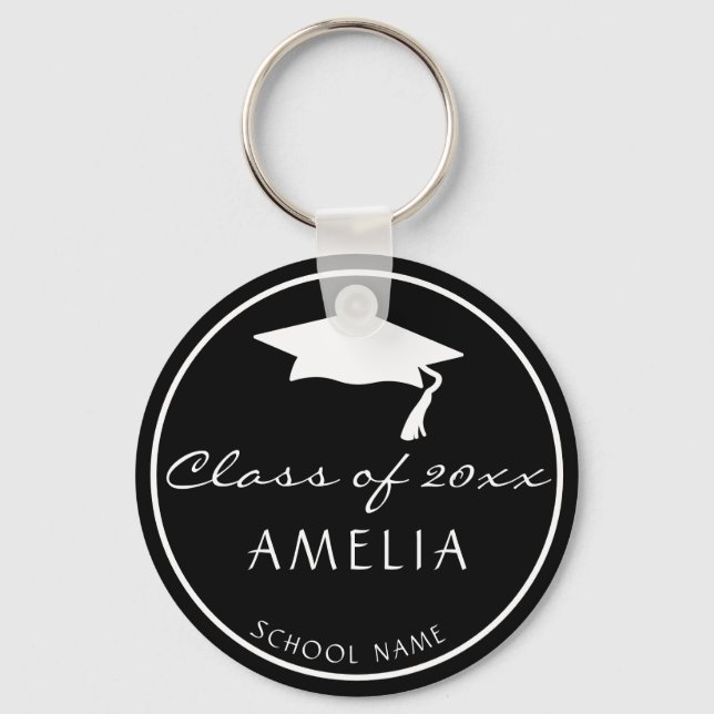 Modern Black Class of and Graduate Name Graduation Key Ring (Front)