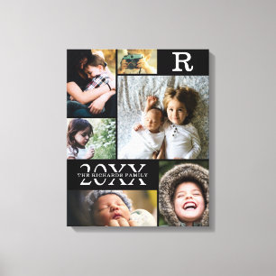 Modern Black Colour Block Family 6 Photo Collage Canvas Print