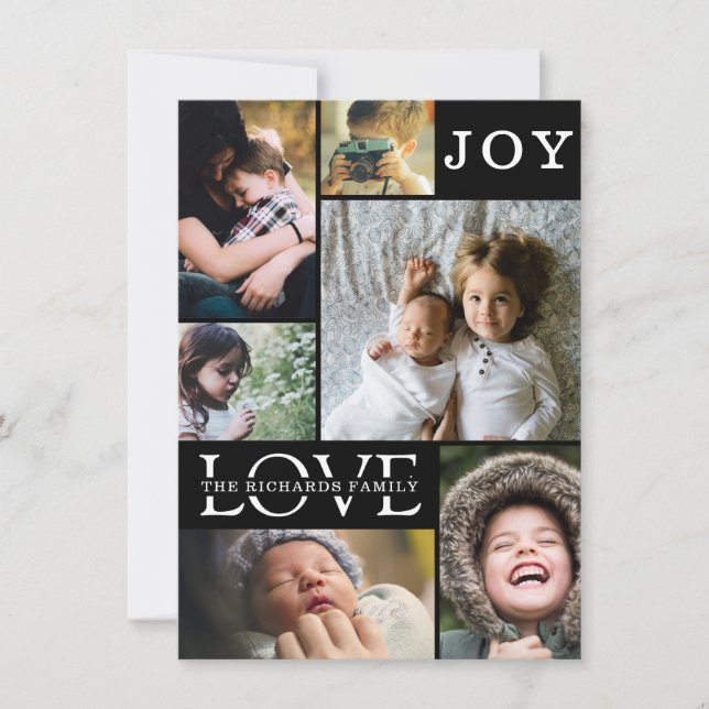 Modern Black Colour Block Family 6 Photo Collage Holiday Card (Front)