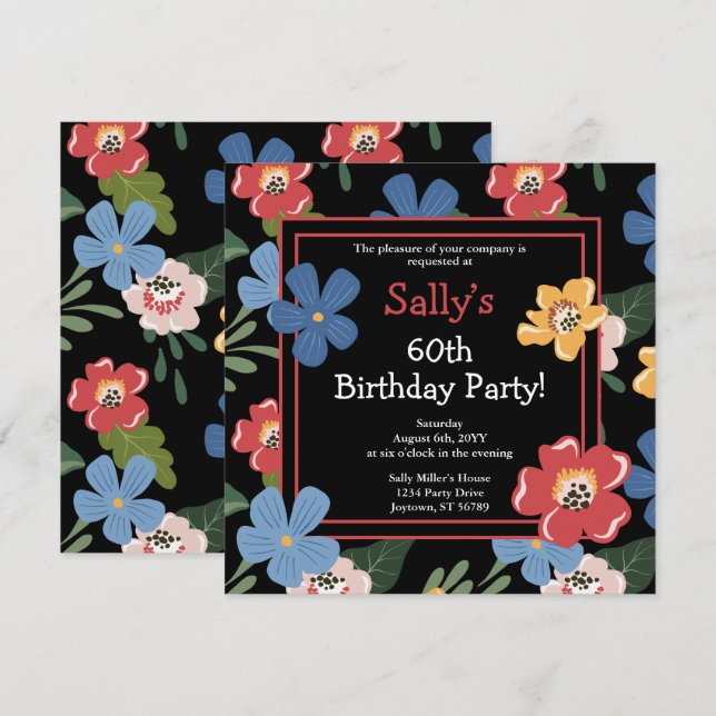 Modern Black Colourful Floral 60th Birthday Party Invitation (Front/Back)