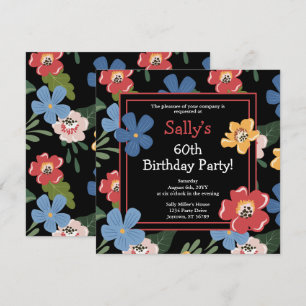Modern Black Colourful Floral 60th Birthday Party Invitation