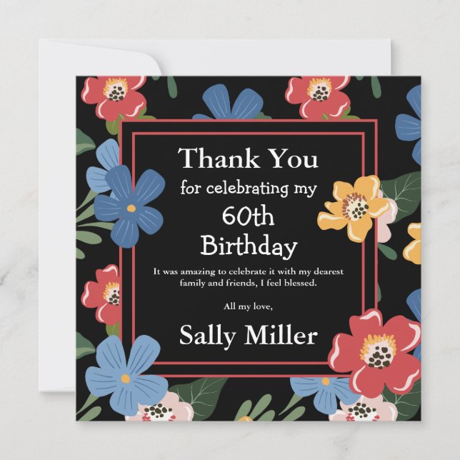 Modern Black Colourful Floral 60th Birthday Party Thank You Card (Front)