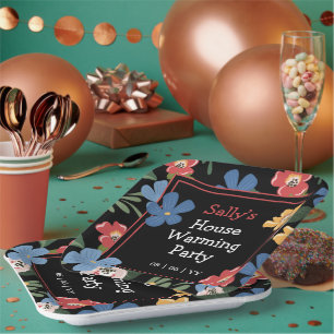 Modern Black Colourful Floral House Warming Party Paper Plate