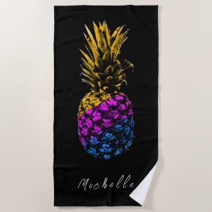 Modern black Colourful Pineapple   Custom Beach Towel