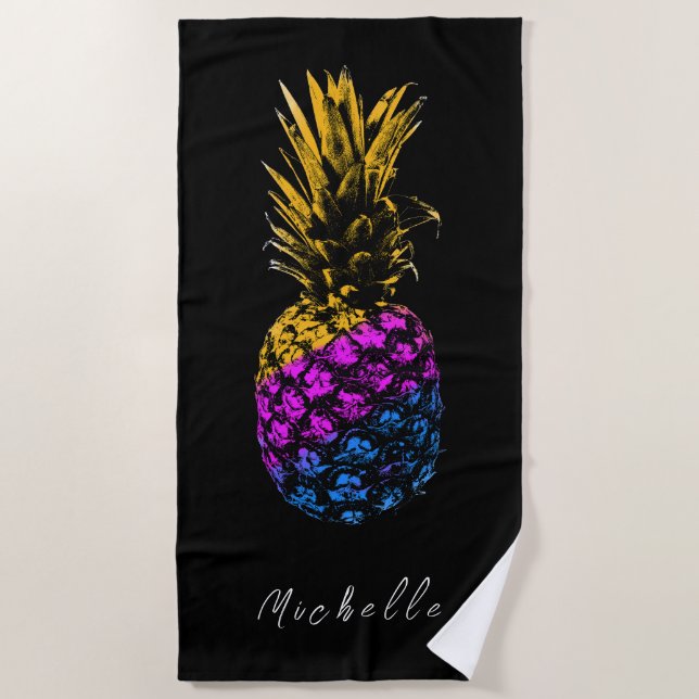 Modern black Colourful Pineapple | Custom Beach Towel (Front)