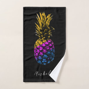 Modern black Colourful Pineapple   Custom Hand Towel