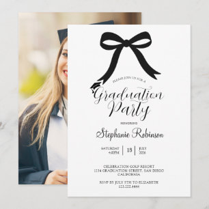 Modern Black Coquette Bow Photo Graduation Party Invitation