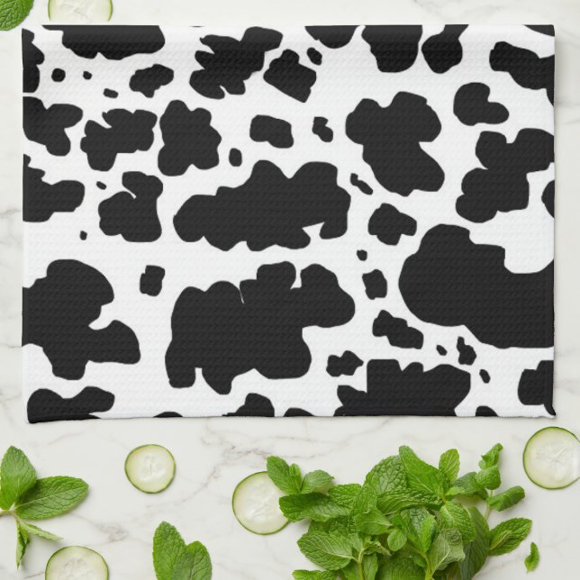 Modern Black Cow Spots Print Cowboy Tea Towel (Folded)