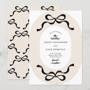 Modern Black Cream Retro Bows Photo Wedding Invitation