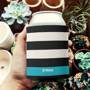 Modern Black, Cream & Turquoise Stripe Can Cooler