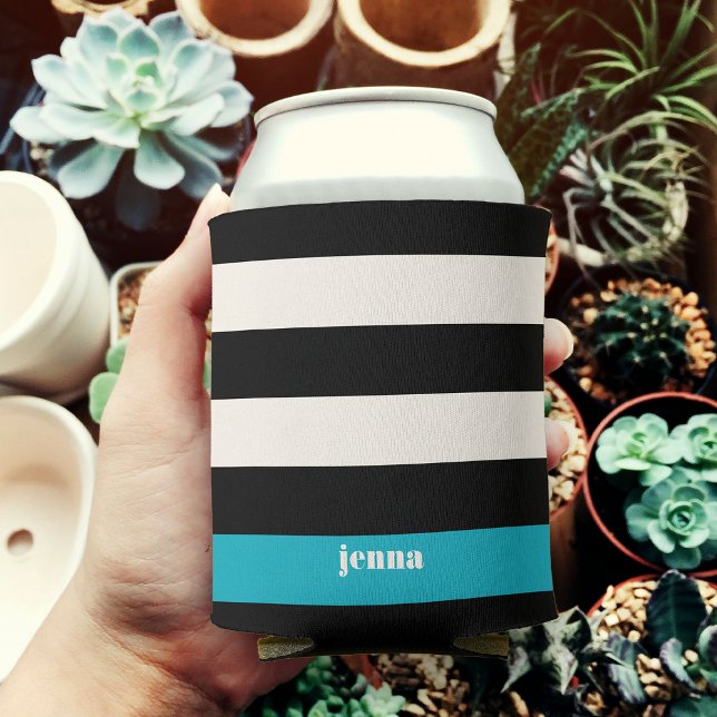 Modern Black, Cream & Turquoise Stripe Can Cooler (Creator Uploaded)
