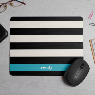 Modern Black, Cream & Turquoise Stripe Mouse Mat