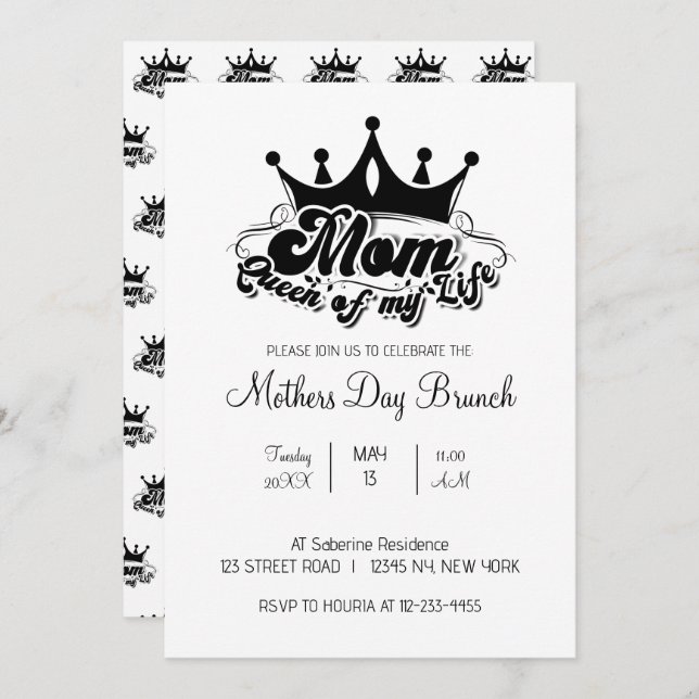 Modern Black Crown MOM Queen of my life Invitation (Front/Back)