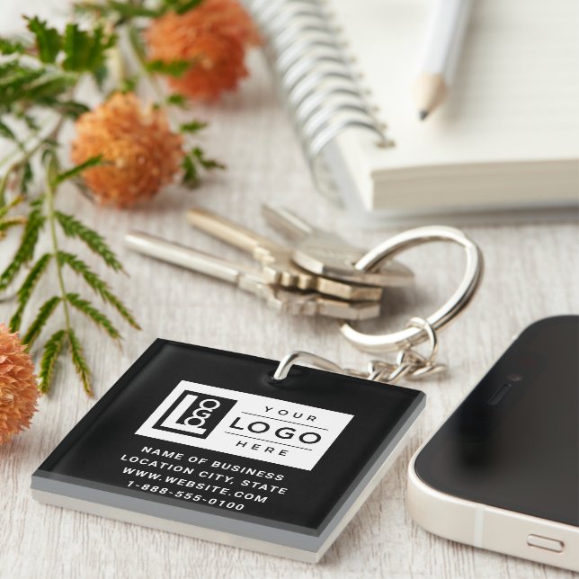 Modern Black Custom Business Logo and QR Code Key Ring (Front Right)