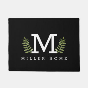 Modern Black Custom Family Name Green Fern Leaves Doormat