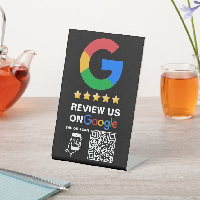 Modern Black Custom Logo and QR Code Google Review Pedestal Sign (In SItu)